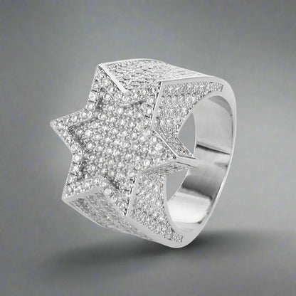 Iced 6 Point Star Ring - White Gold