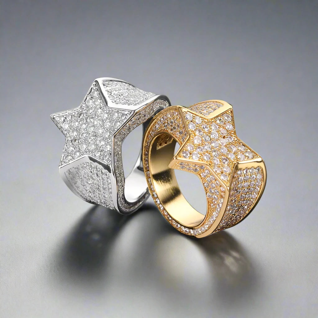 Iced 5 Point Star Ring - White Gold