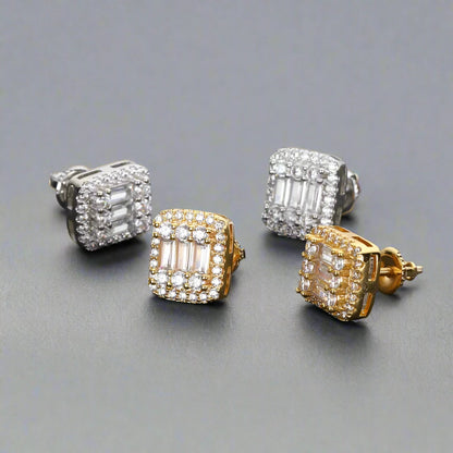 Iced Rectangle Stud Earrings - White Gold