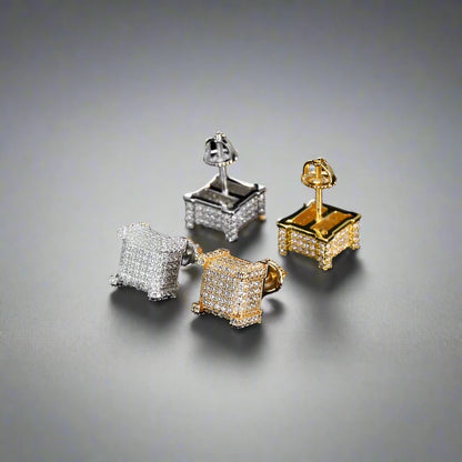 Iced Cubed Stud Earrings - White Gold