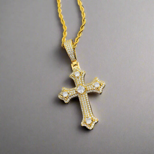 Iced Cluster Cross Pendant - Gold