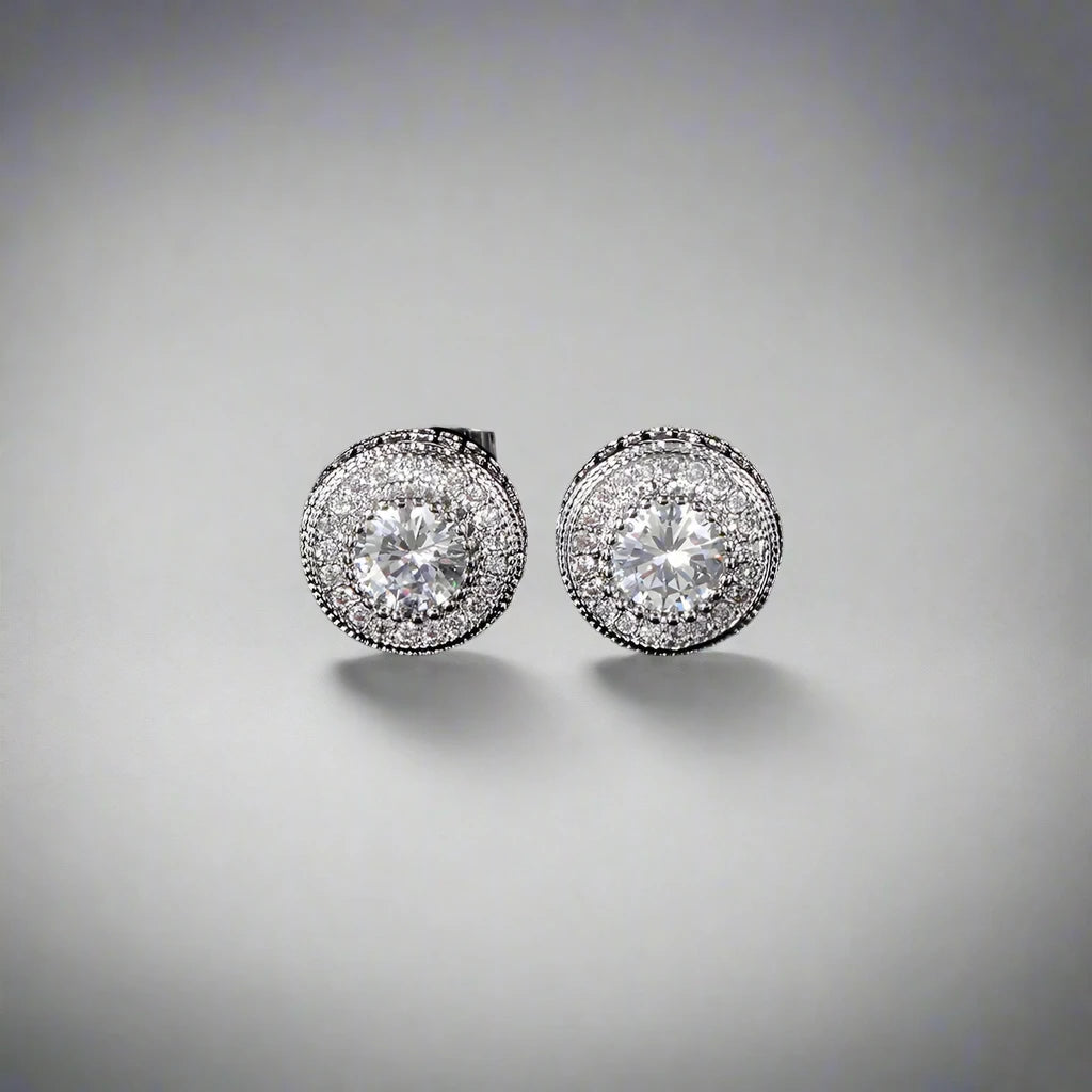 Iced Rounded Stud Earrings - White Gold