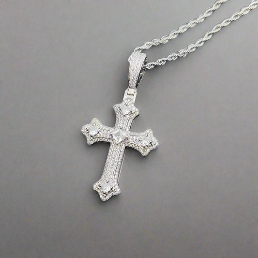 Iced Cluster Cross Pendant - White Gold