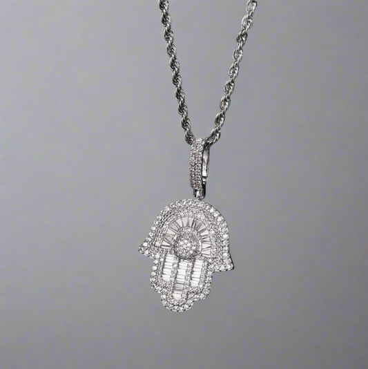 Iced Hamsa Pendant - White Gold